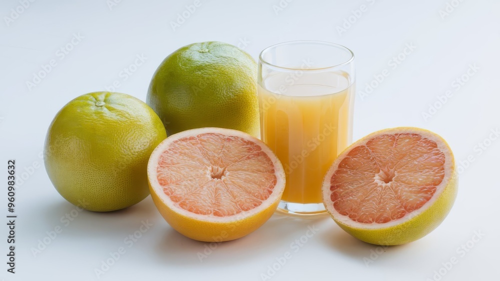 Grapefruits and a full glass of grapefruit juice, arranged on a white background Grapefruits and a full glass of grapefruit juice, arranged on a white background
