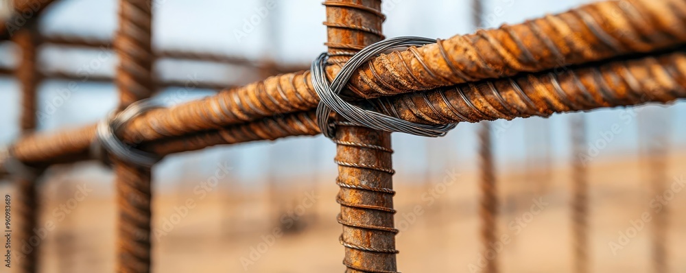 A macro shot of a rebar grid being tied together with wire ties before pouring concrete A macro shot of a rebar grid being tied together with wire ties before pouring concrete