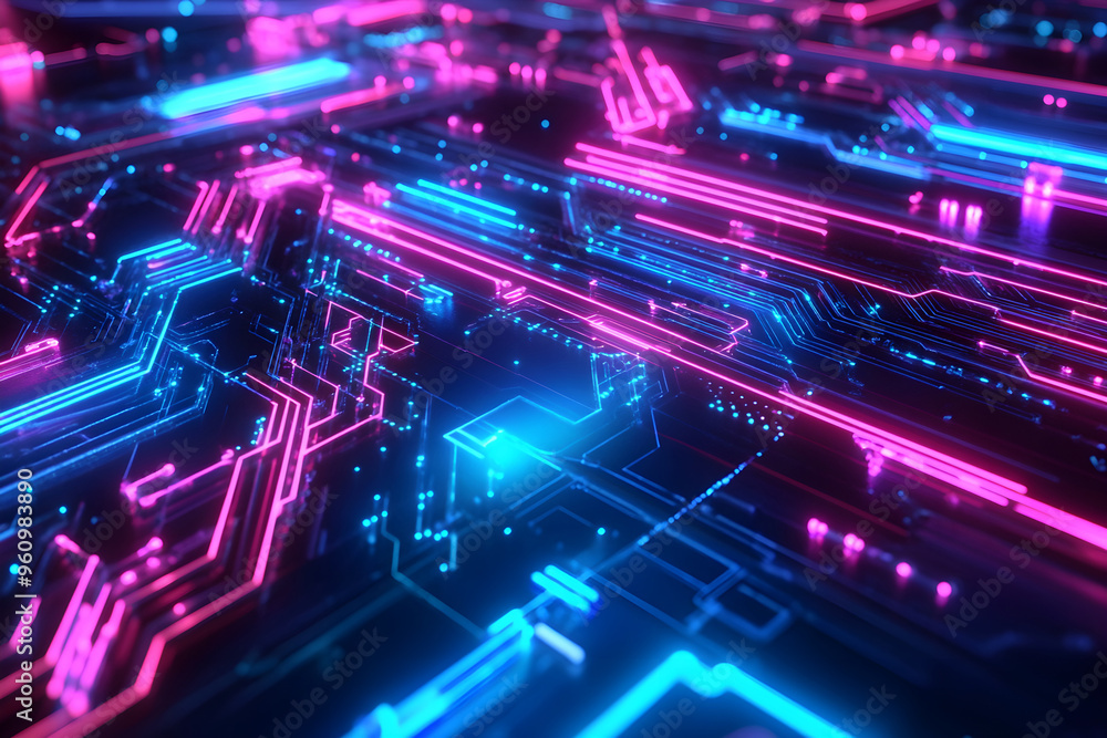 Abstract Neon Circuit Board with Glowing Lines Abstract Neon Circuit Board with Glowing Lines