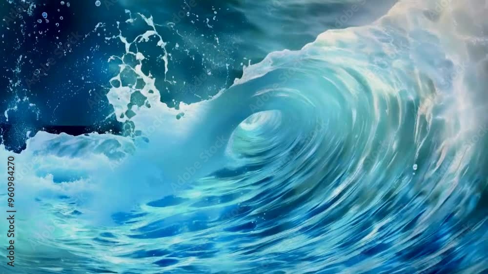 A close-up of a swirling wave with white foam and blue water. A close-up of a swirling wave with white foam and blue water.