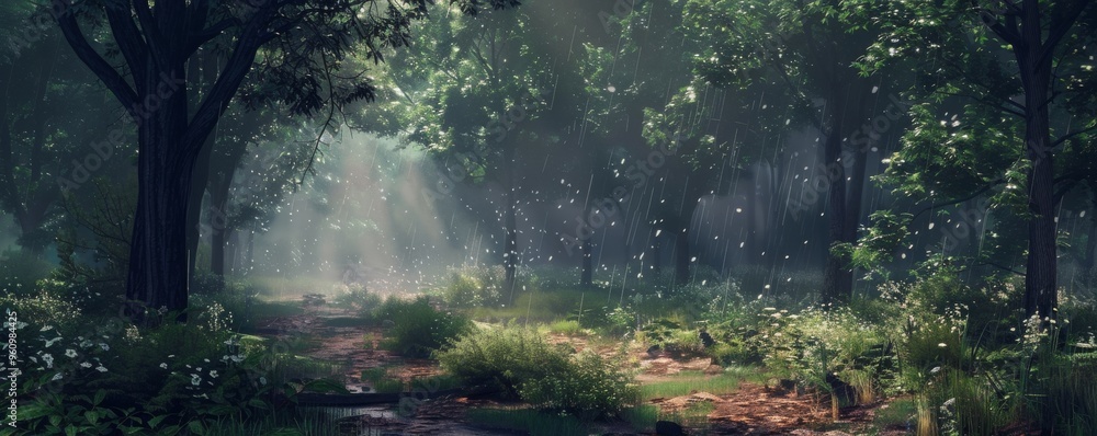 Obraz premium Image of the forest trail atmosphere with light rain falling. Create a shady and quiet atmosphere