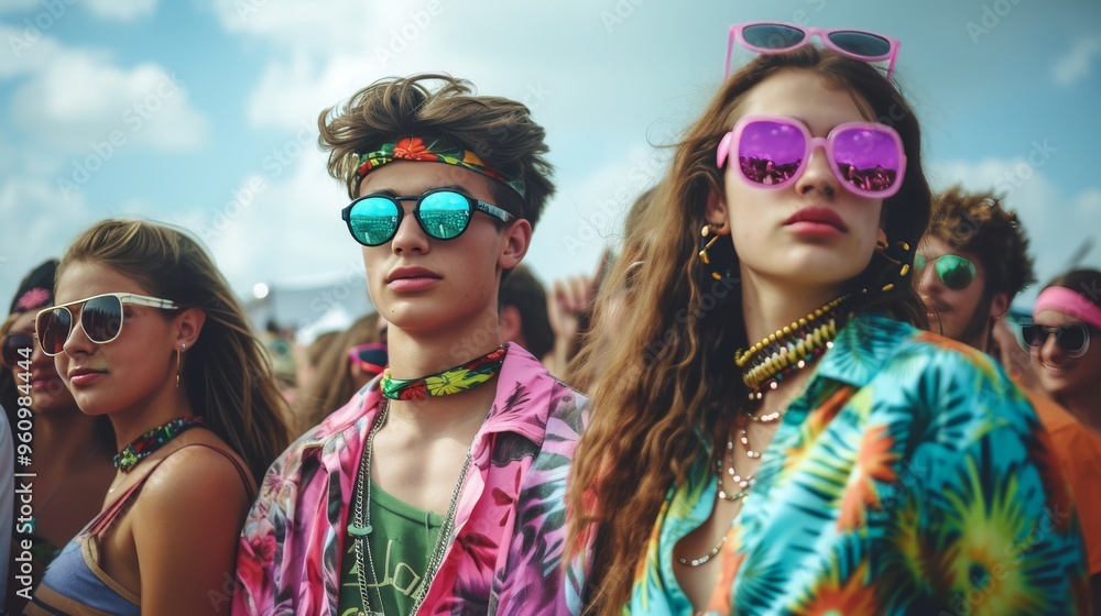 A group of stylish teens at a summer festival, adorned in vibrant tropical clothing, sunglasses, and accessories, radiate youthful energy. The colorful scene captures the essence of a fun, carefree A group of stylish teens at a summer festival, adorned in vibrant tropical clothing, sunglasses, and accessories, radiate youthful energy. The colorful scene captures the essence of a fun, carefree