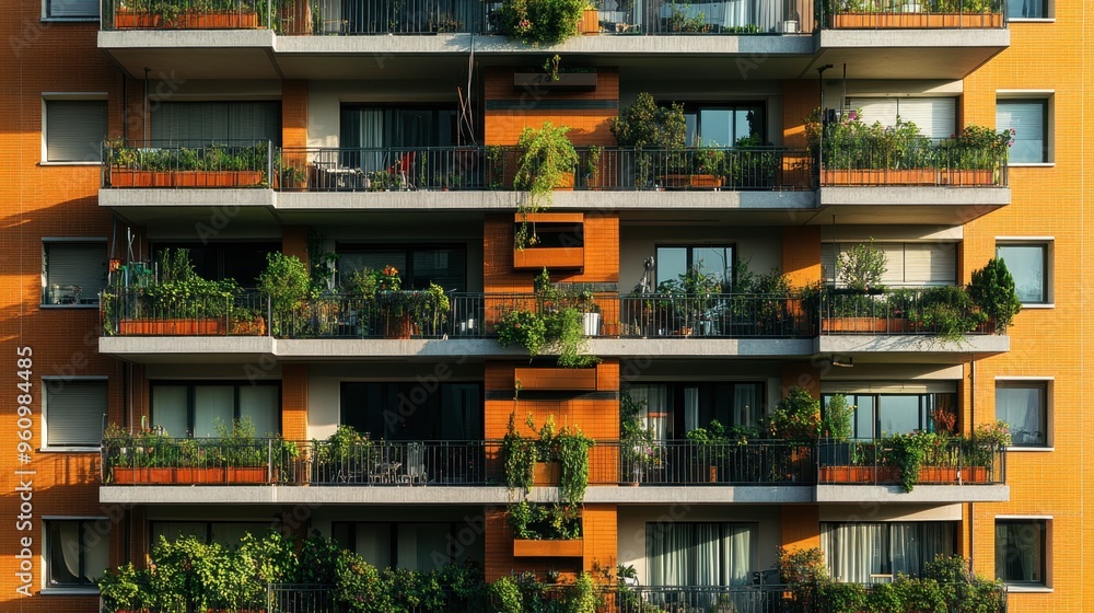 A high-rise apartment building with balconies, each decorated with plants and outdoor furniture. A high-rise apartment building with balconies, each decorated with plants and outdoor furniture.