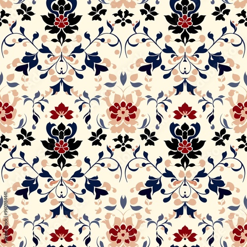 Elegant Floral Damask Pattern: A seamless, intricate design featuring a classic damask pattern with delicate floral motifs in shades of red, blue, and black against a creamy white background. 