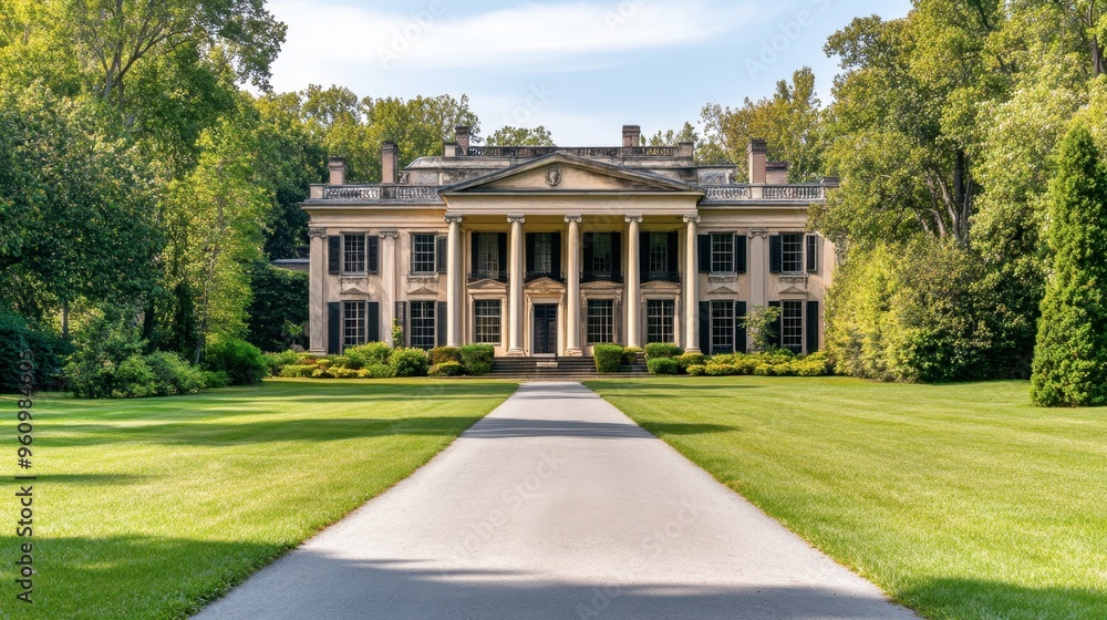 Obraz premium A historic mansion with grand columns, an expansive lawn, and a long driveway lined with trees.