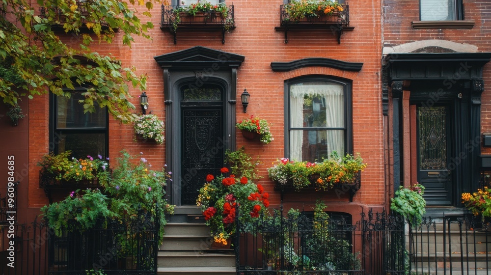 A historic row house with a red brick facade, ornate ironwork, and flower boxes on each window. A historic row house with a red brick facade, ornate ironwork, and flower boxes on each window.