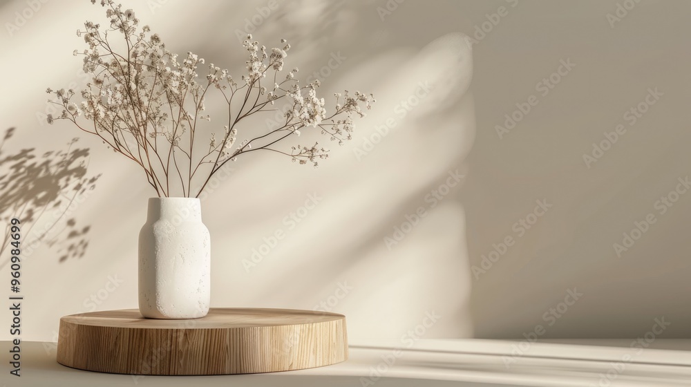 Minimal abstract design with wooden podium, white plaster vase with dried flowers on beige background. Display scene with copy space and soft shadows. Minimal abstract design with wooden podium, white plaster vase with dried flowers on beige background. Display scene with copy space and soft shadows.