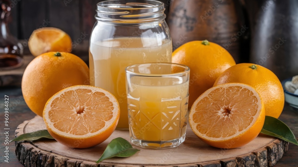 Jar and glass of grapefruit juice with whole and cut grapefruits in front Jar and glass of grapefruit juice with whole and cut grapefruits in front