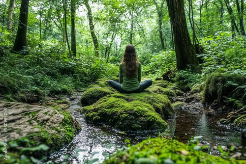 Woman Meditating on Mossy Rocks in a Lush Forest