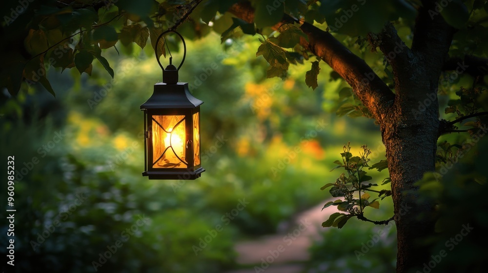 A lantern hanging in a tree, softly illuminating a garden path on a summer evening. A lantern hanging in a tree, softly illuminating a garden path on a summer evening.