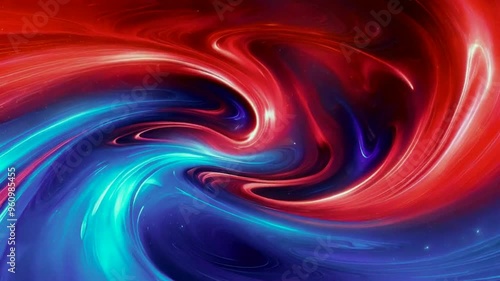 Abstract swirling red and blue liquid with white highlights.