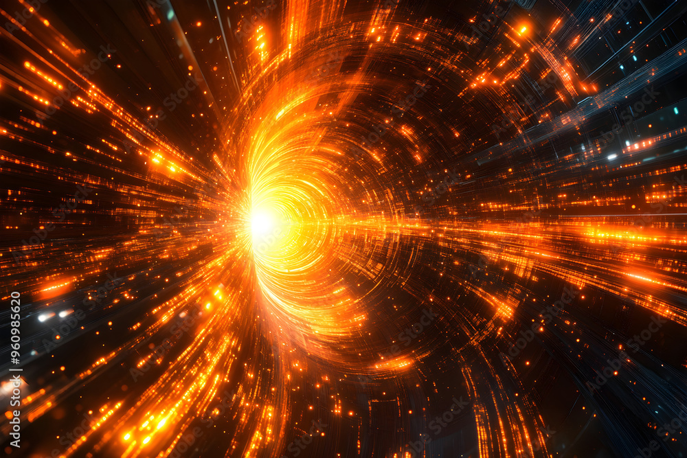 Naklejka premium Abstract Orange Light Tunnel Digital Network Technology Background