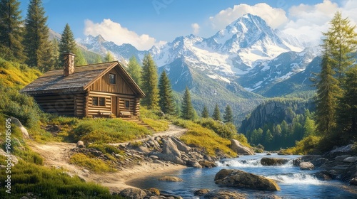 A log cabin in the mountains, with a view of snow-capped peaks and a nearby stream.