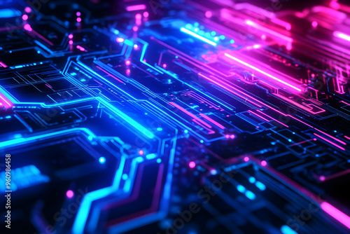 Wallpaper Mural Abstract Futuristic Circuit Board with Neon Lights Torontodigital.ca