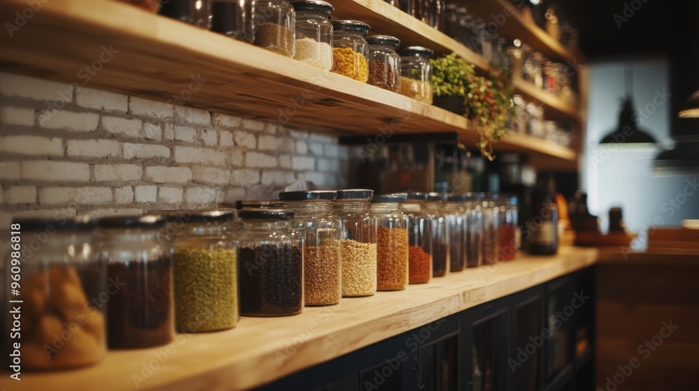 A row of glass jars filled with various spices, neatly organized on a wooden shelf in a cozy kitchen. A row of glass jars filled with various spices, neatly organized on a wooden shelf in a cozy kitchen.