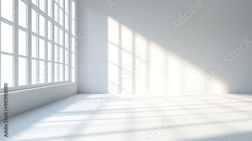 A clean, white room with sunlight streaming in through the window, casting shadows on an empty wall