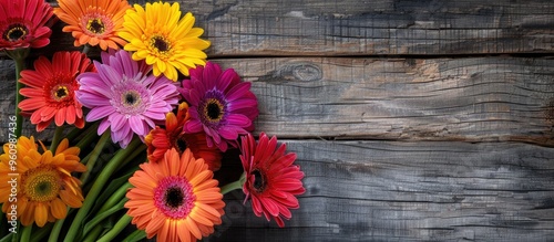 Colored Gerbera Flowers On A Rustic Wooden Table As A Background