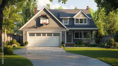 A suburban house with a garage, a basketball hoop above the driveway, and a treehouse in the backyard.