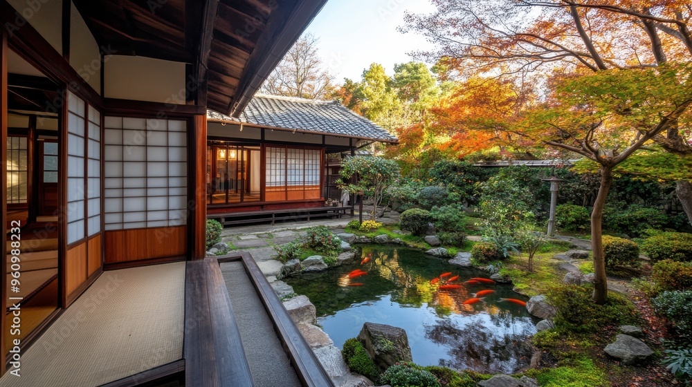 A traditional Japanese house with sliding doors, a small garden, and a koi pond. A traditional Japanese house with sliding doors, a small garden, and a koi pond.