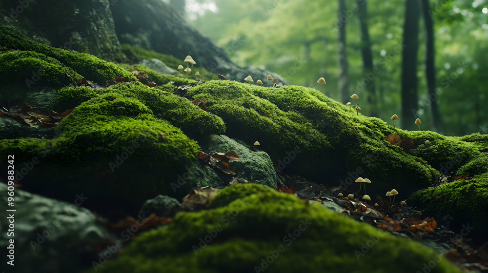 A close-up shot of a dense forest floor, showing vibrant green moss covering uneven rocks, intertwined with scattered brown leaves and tiny mushrooms peeking through, in soft natural lighting A close-up shot of a dense forest floor, showing vibrant green moss covering uneven rocks, intertwined with scattered brown leaves and tiny mushrooms peeking through, in soft natural lighting