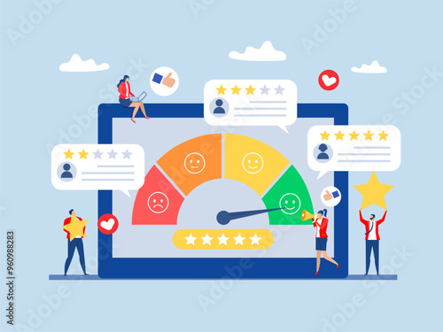 Employee engagement ,business people employee with stars and happy reward ,job satisfaction, productivity or employee recognition,commitment or motivation to success with company