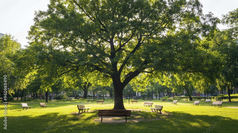 Obraz premium A tree in a city park, with benches arranged in a circle around its base.