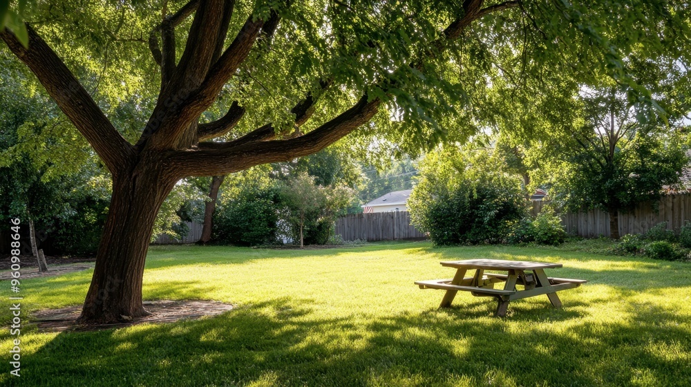 A tree in a suburban backyard, with a picnic table set up underneath its shade. A tree in a suburban backyard, with a picnic table set up underneath its shade.