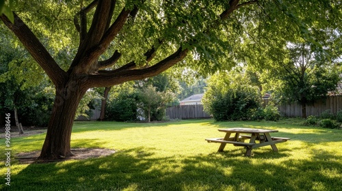 A tree in a suburban backyard, with a picnic table set up underneath its shade.