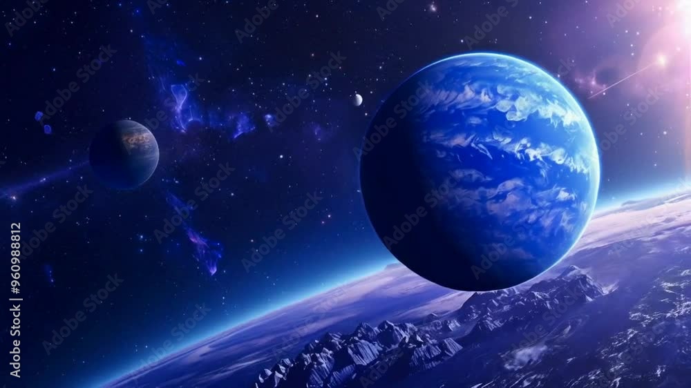 A vibrant blue planet with white clouds and a rocky surface in the vastness of space. A vibrant blue planet with white clouds and a rocky surface in the vastness of space.
