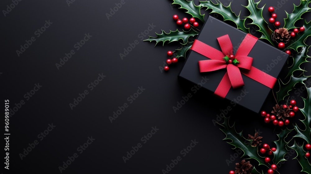 A beautifully wrapped black gift box with a red bow, surrounded by holly and berries, perfect for the holiday season. A beautifully wrapped black gift box with a red bow, surrounded by holly and berries, perfect for the holiday season.