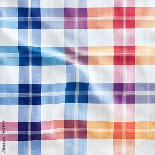 Plaid Madras Pattern A lightweight cotton fabric pattern featuring bright, multicolored checks, originally from India.,