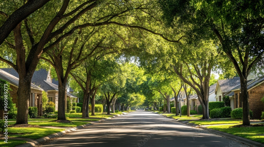 A tree-lined street in a residential neighborhood, with houses partially obscured by the trees shade. A tree-lined street in a residential neighborhood, with houses partially obscured by the trees shade.