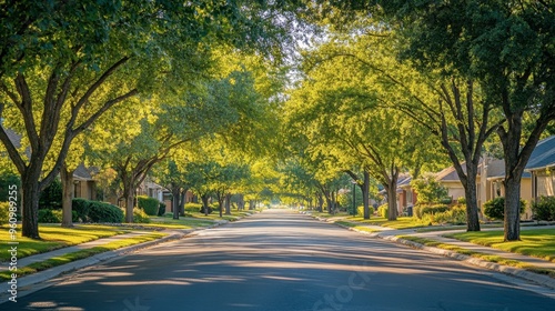 A tree-lined street in a residential neighborhood, with houses partially obscured by the trees shade.