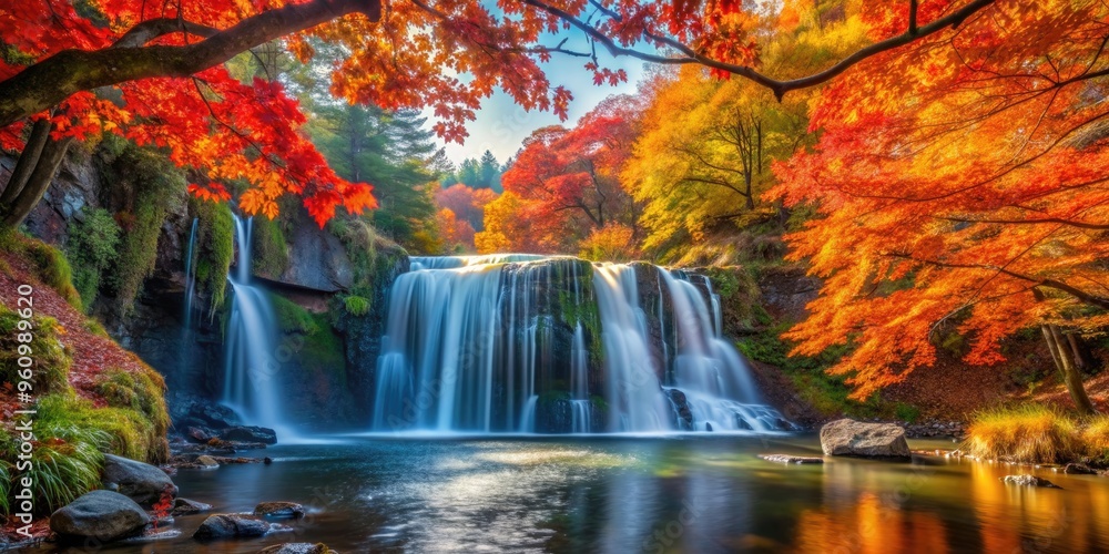 Obraz premium Tranquil waterfall framed by vibrant autumn foliage, a picturesque scene capturing the essence of changing seasons