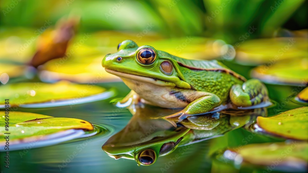 Close up image of a green frog sitting on a lily pad in a pond, frogs, amphibian, wildlife, nature, water, green, lily pad Close up image of a green frog sitting on a lily pad in a pond, frogs, amphibian, wildlife, nature, water, green, lily pad