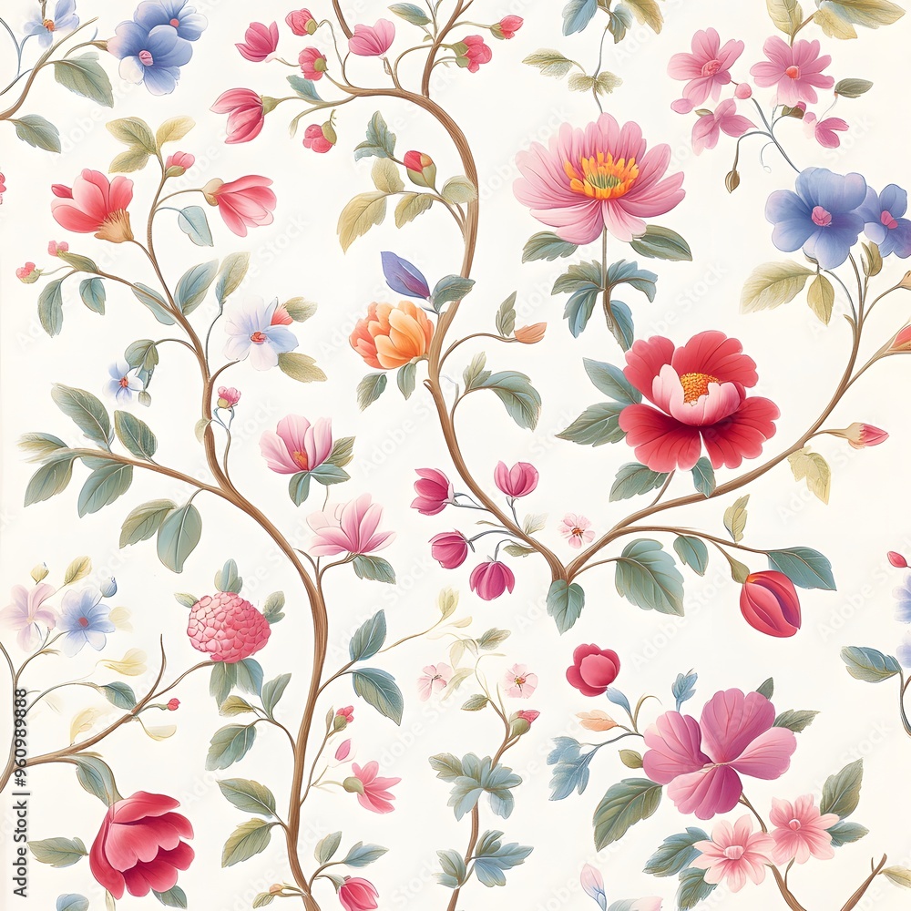 Indienne Print Pattern A pattern featuring exotic floral and plant motifs, originally from India, popular in Europe in the 17th century., Indienne Print Pattern A pattern featuring exotic floral and plant motifs, originally from India, popular in Europe in the 17th century.,