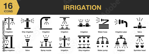 Irrigation solid icon set. Includes drip, pipe, irrigation, and More. Solid icons vector collection.