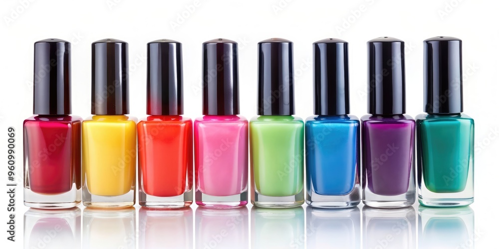 Nail polish in various colors on a white background, manicure, beauty, cosmetics, fashion, polish, nail care, colorful Nail polish in various colors on a white background, manicure, beauty, cosmetics, fashion, polish, nail care, colorful