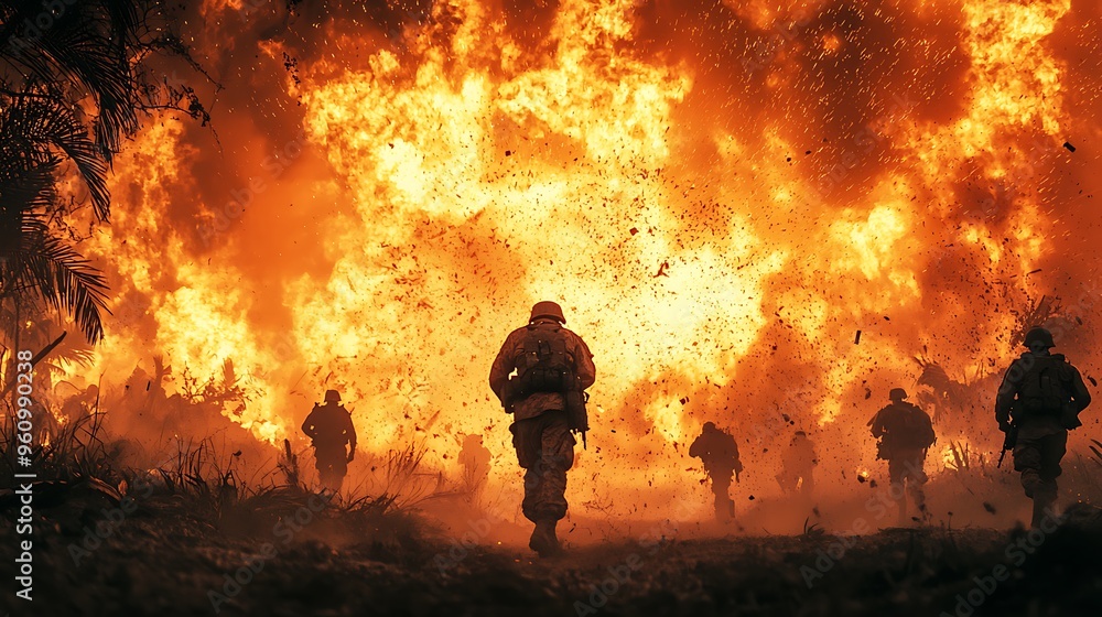 Fototapeta premium Soldiers sprint through a blazing battlefield, immersed in the heart of conflict.