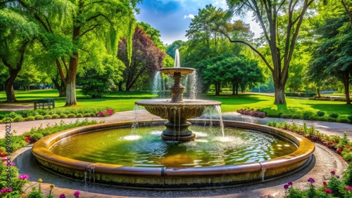 Fountain in the park with flowing water surrounded by greenery, water, fountain, park, outdoor, nature, scenic, landscape, summer