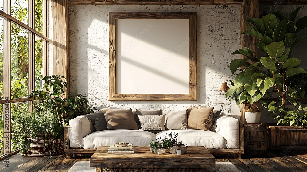 A rustic living room with farmhouse charm awaits a creative canvas to fill the space. A rustic living room with farmhouse charm awaits a creative canvas to fill the space.