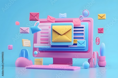 Computer Screen with 3D Email Icons and Accessories