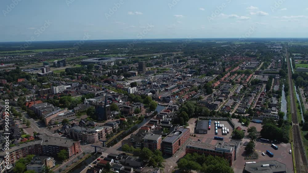 An aerial panorama view around the old town of the city Heerenveen on a sunny summer day in the Netherlands An aerial panorama view around the old town of the city Heerenveen on a sunny summer day in the Netherlands