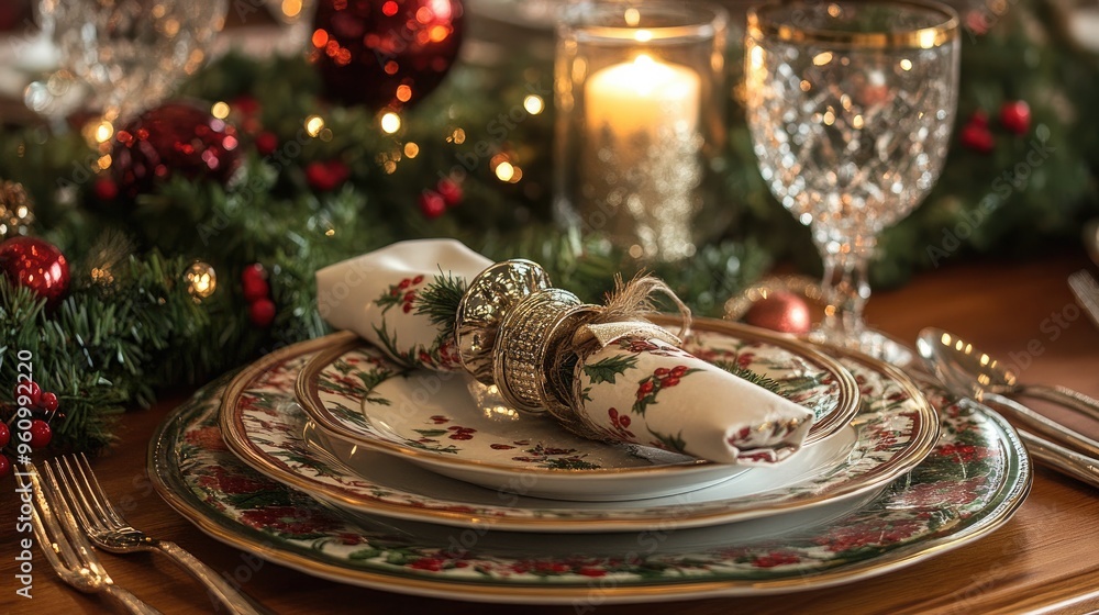 Holiday table setting with jingle bell napkin rings, sparkling candlelight and festive decor Holiday table setting with jingle bell napkin rings, sparkling candlelight and festive decor