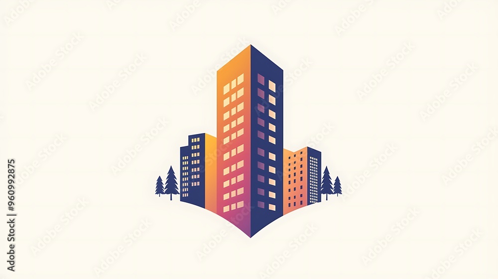 Obraz premium A cityscape logo design blends modern skyscrapers and lush greenery in gradient colors.