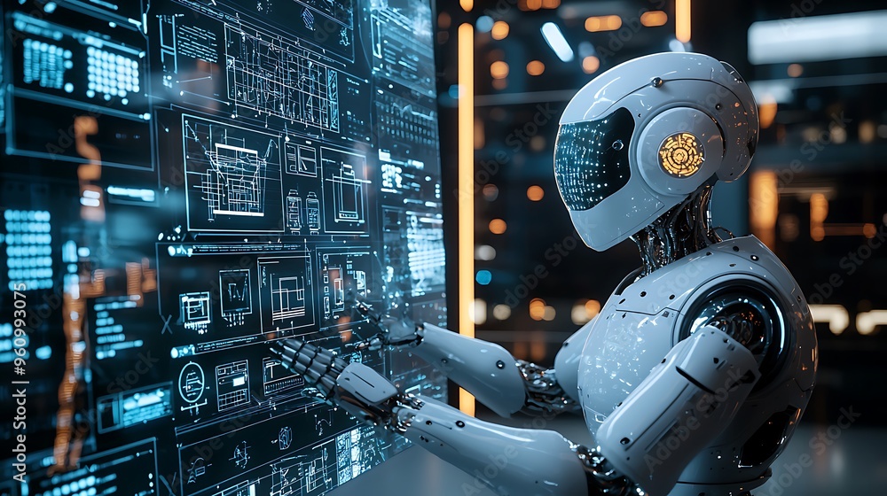A futuristic robot engages with a digital interface, highlighting advanced tech capabilities. A futuristic robot engages with a digital interface, highlighting advanced tech capabilities.