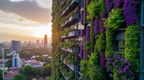 A stunning view of a modern high-rise building adorned with a vibrant vertical garden. Lush green plants and purple flowers cascade down the structure, illuminated by the soft glow of the sunrise. The #960993010