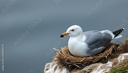 Nesting Kittiwake perched on a cliff edge amidst a dramatic coastal backdrop photo