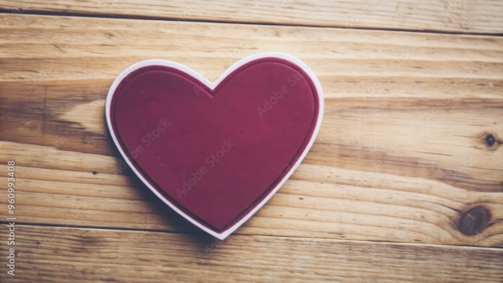 Red heart shape sticker placed on a wooden background, isolated, love, romance, emotion, Valentine's Day, symbol, passion Red heart shape sticker placed on a wooden background, isolated, love, romance, emotion, Valentine's Day, symbol, passion