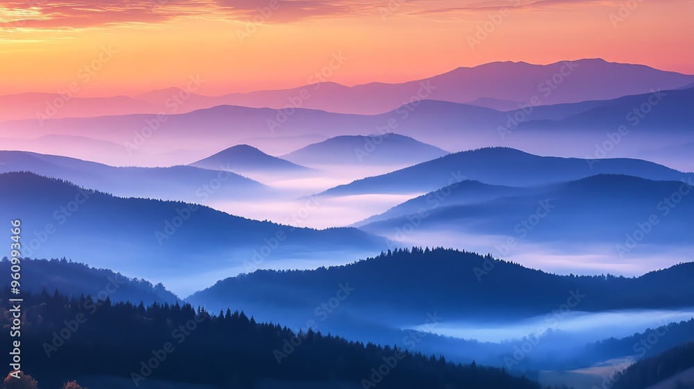 Fototapeta premium Misty mountain landscape with a colorful sunrise.